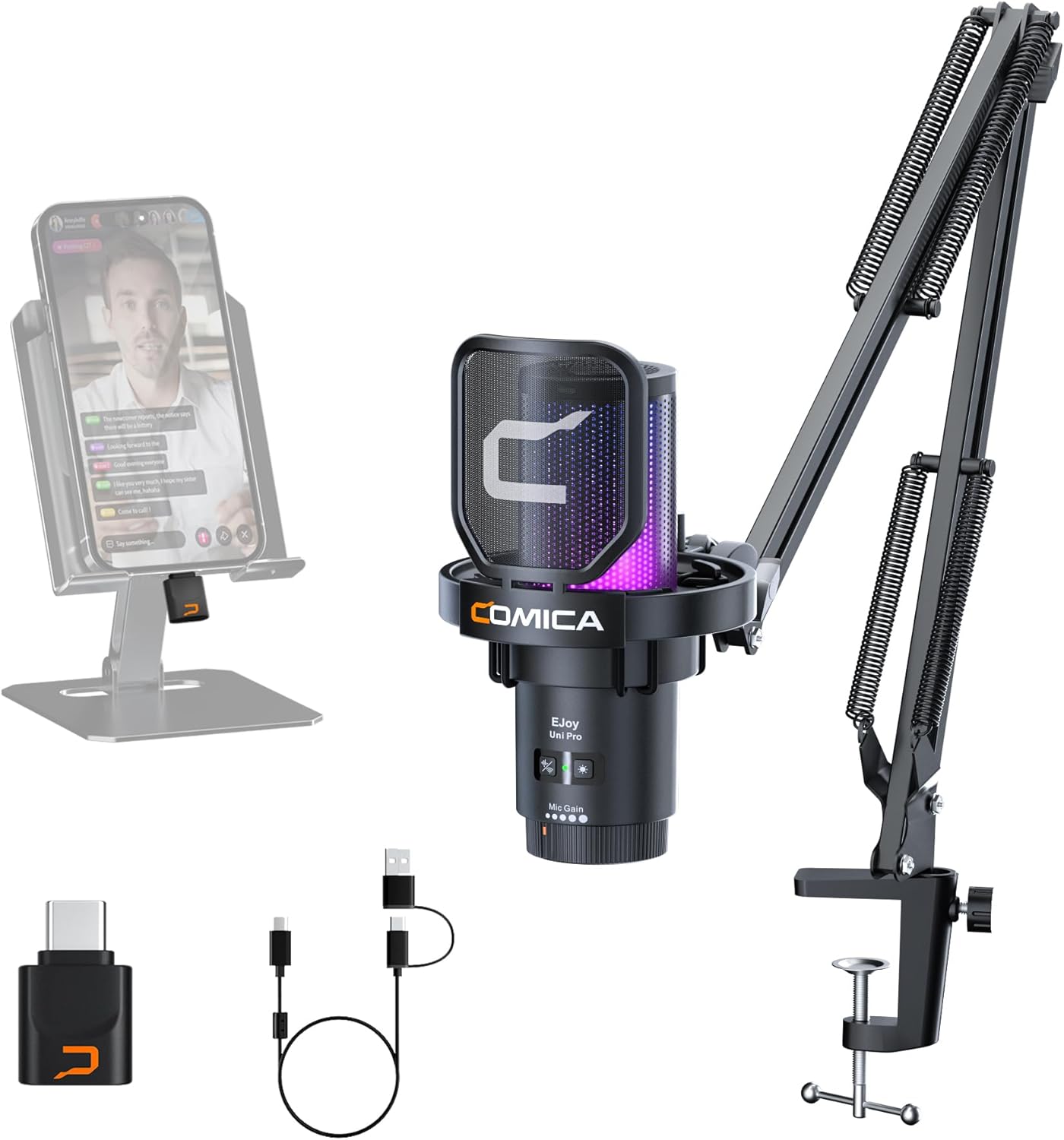Comica EJoy Uni Pro wireless USB condenser microphone with arm and accessories for PC, PS4, PS5, mobile, and Mac