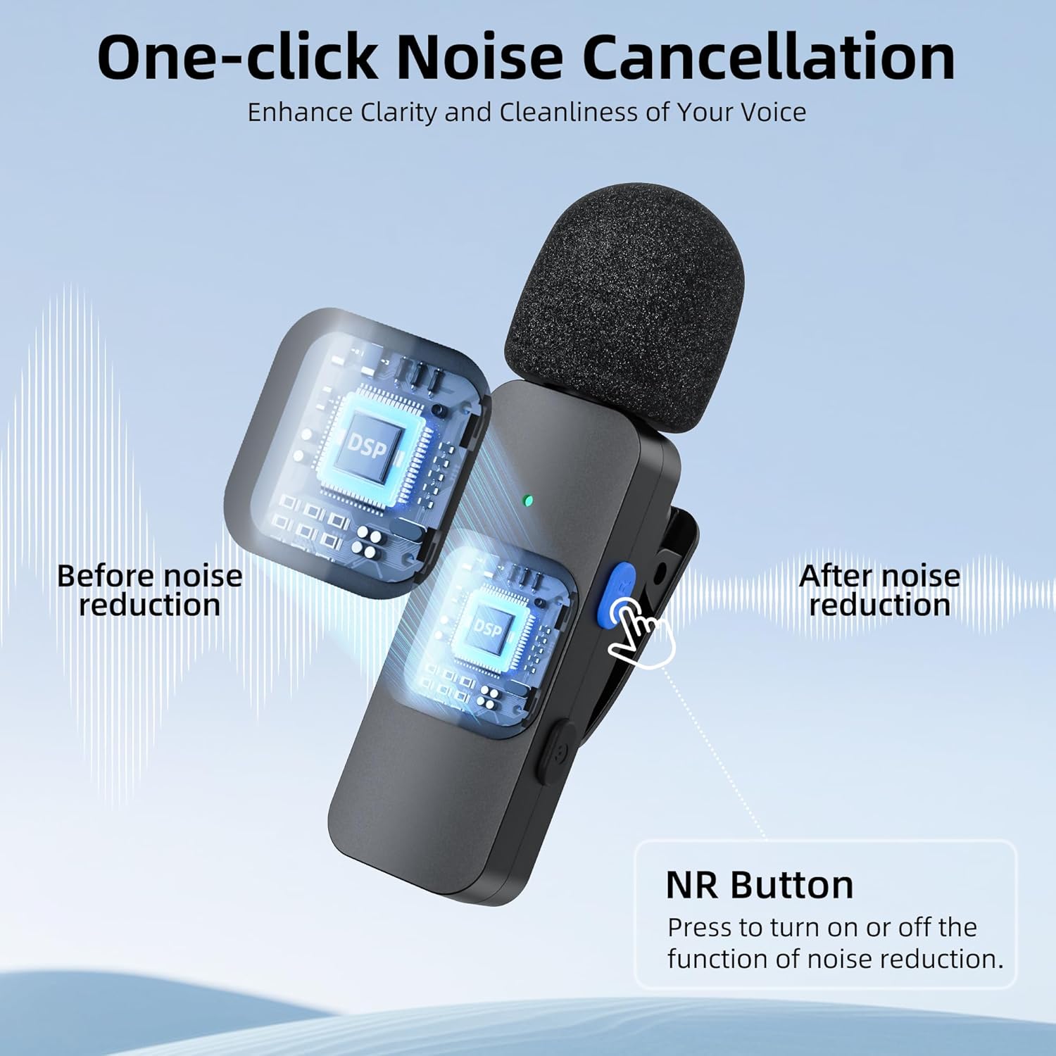 BOYA BY-V20 microphone with one-click noise cancellation feature and NR button.