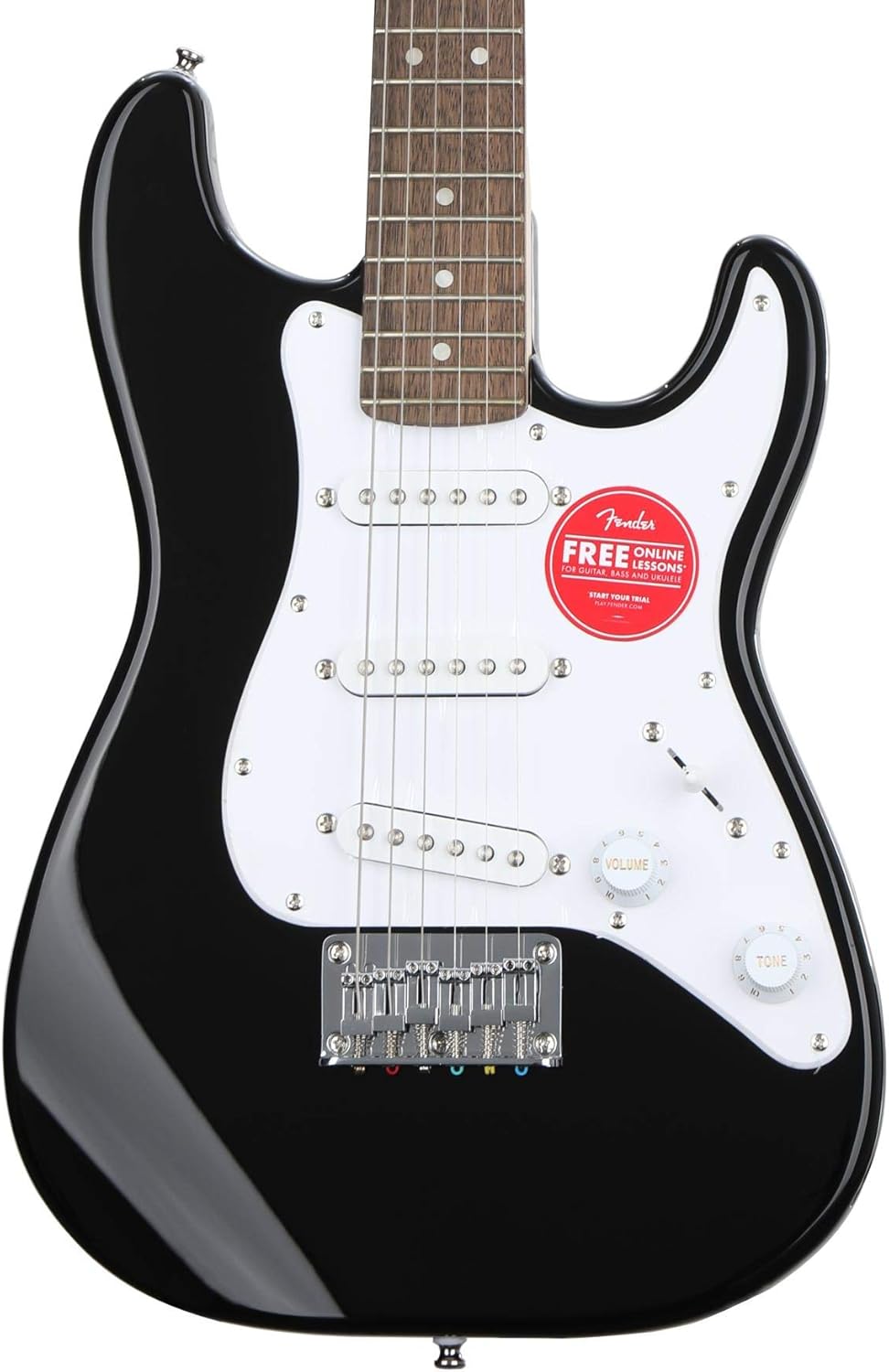 Guitarra Fender Mini Stratocaster preta brilhante com adesivo de aulas online gratuitas no escudo