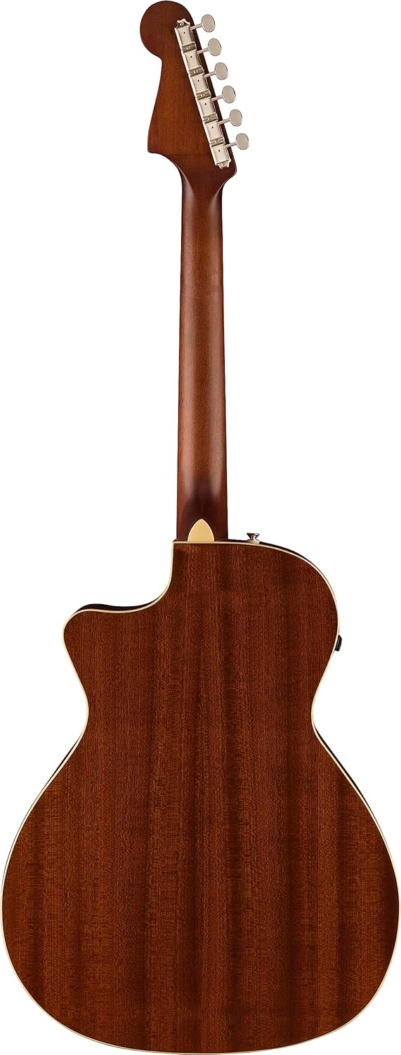 Verso da guitarra acústica Fender California Player com madeira escura natural e seis tarraxas cromadas.