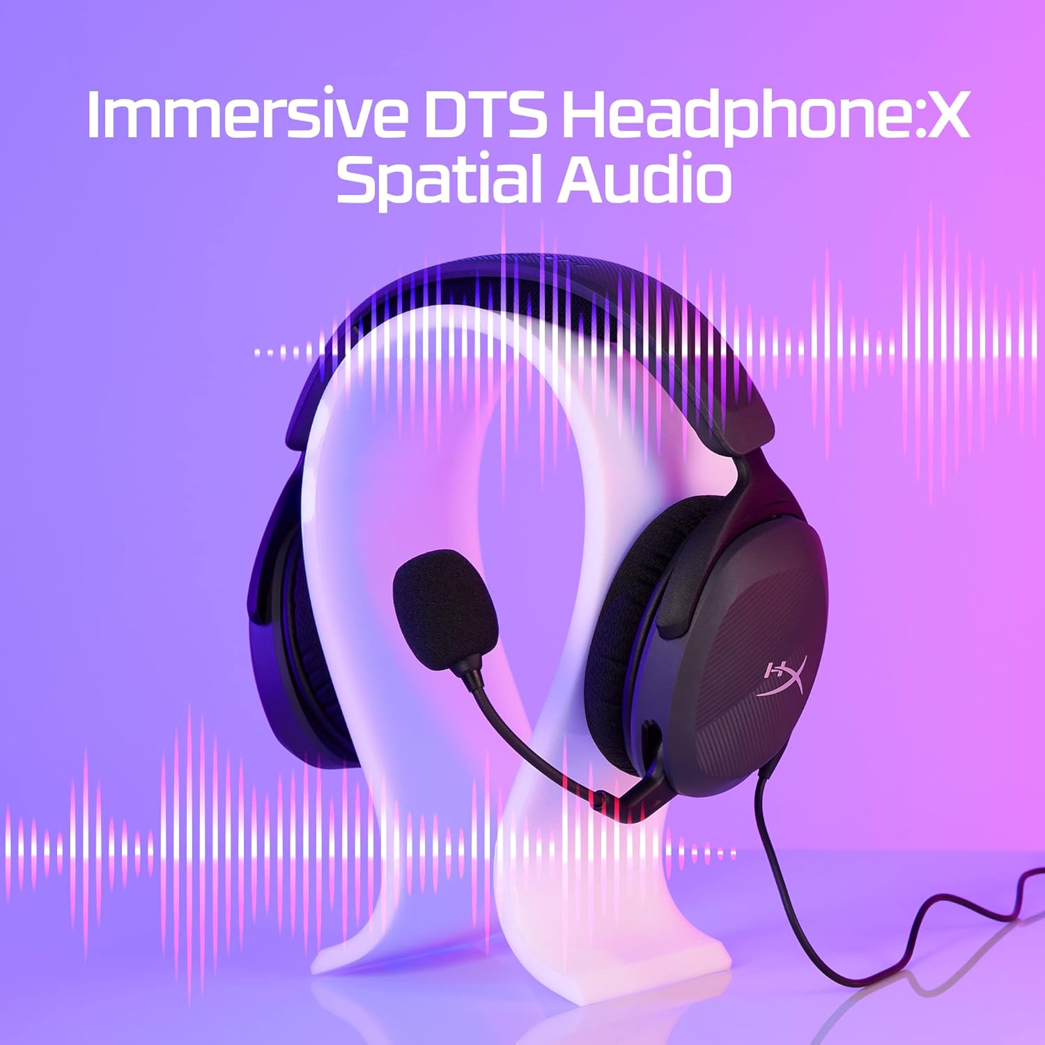 HyperX gaming headset emphasizing DTS Headphone:X spatial audio feature with colorful soundwaves.