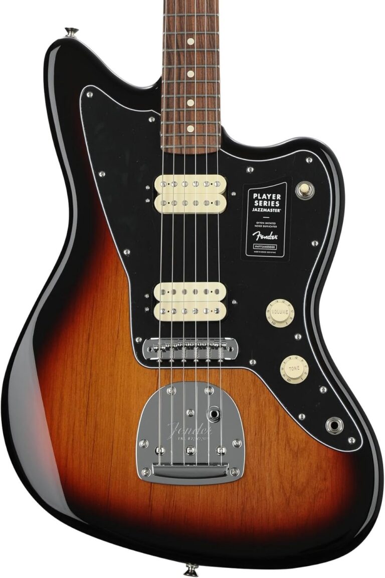 Guitarra elétrica Fender Player Jazzmaster sunburst 3 cores com escala Pau Ferro, captadores duplos e controle clássico.