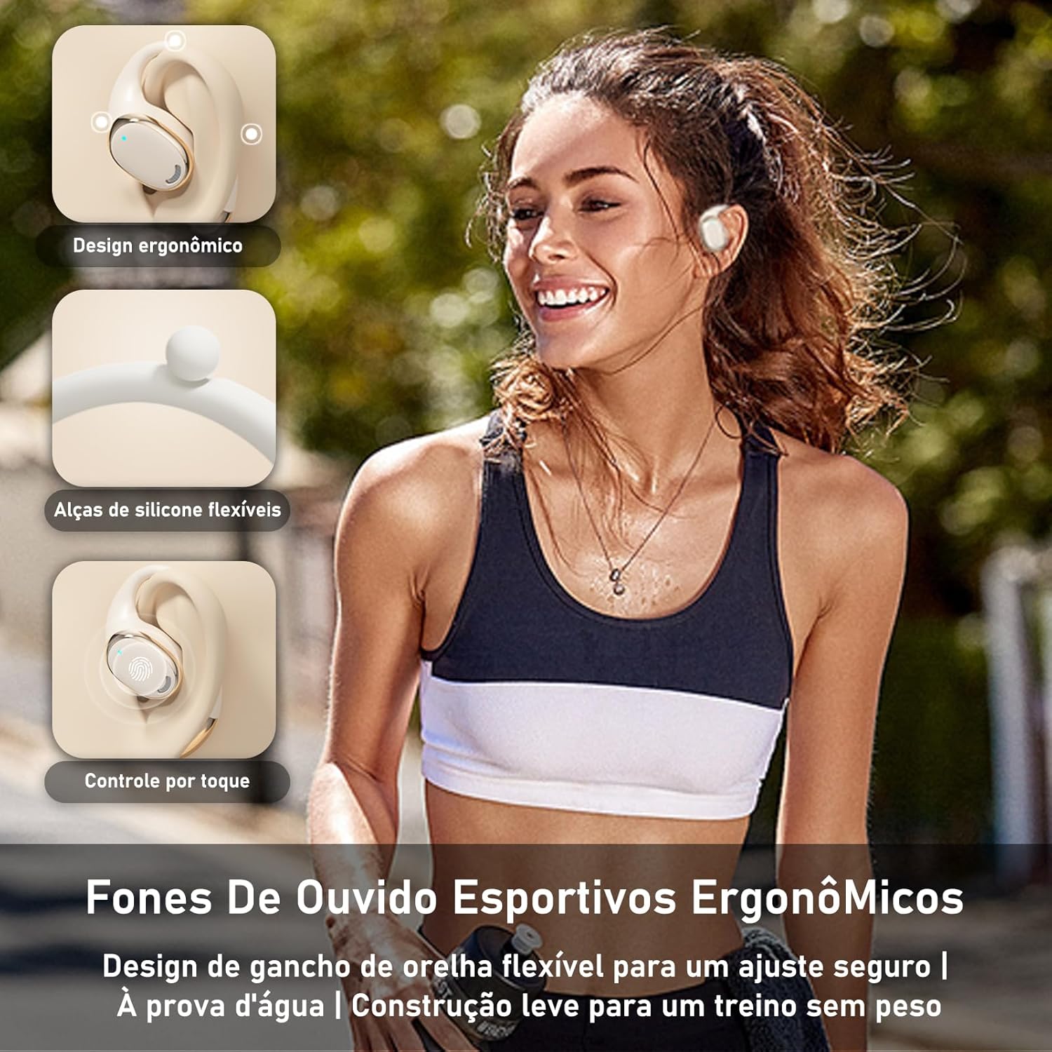 Mulher correndo usando fones esportivos ergonômicos com controle por toque e alças flexíveis
