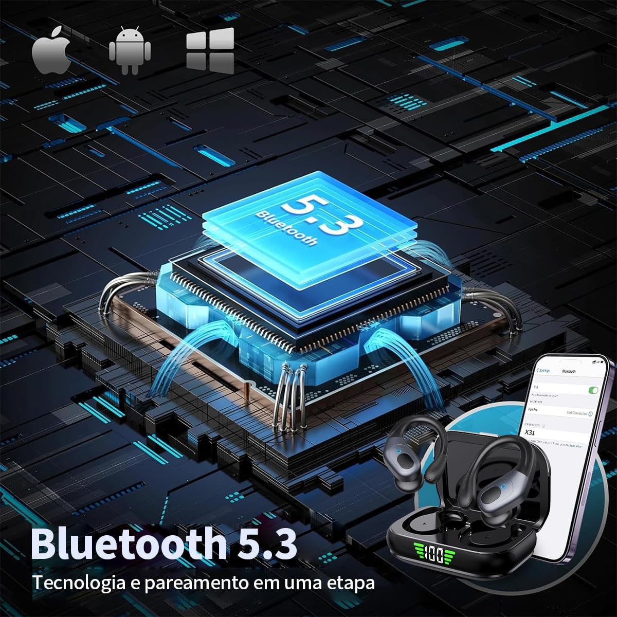 Tecnologia Bluetooth 5.3 para pareamento rápido e compatibilidade universal.