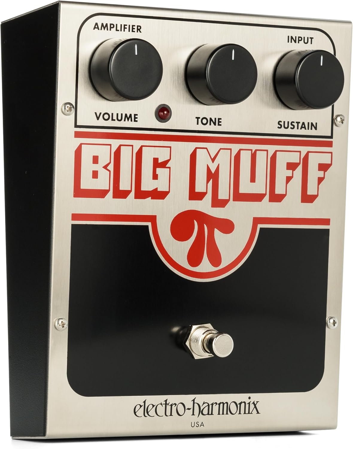 Pedal Electro-Harmonix Big Muff PI prata vista lateral com controles de Volume, Tone e Sustain.