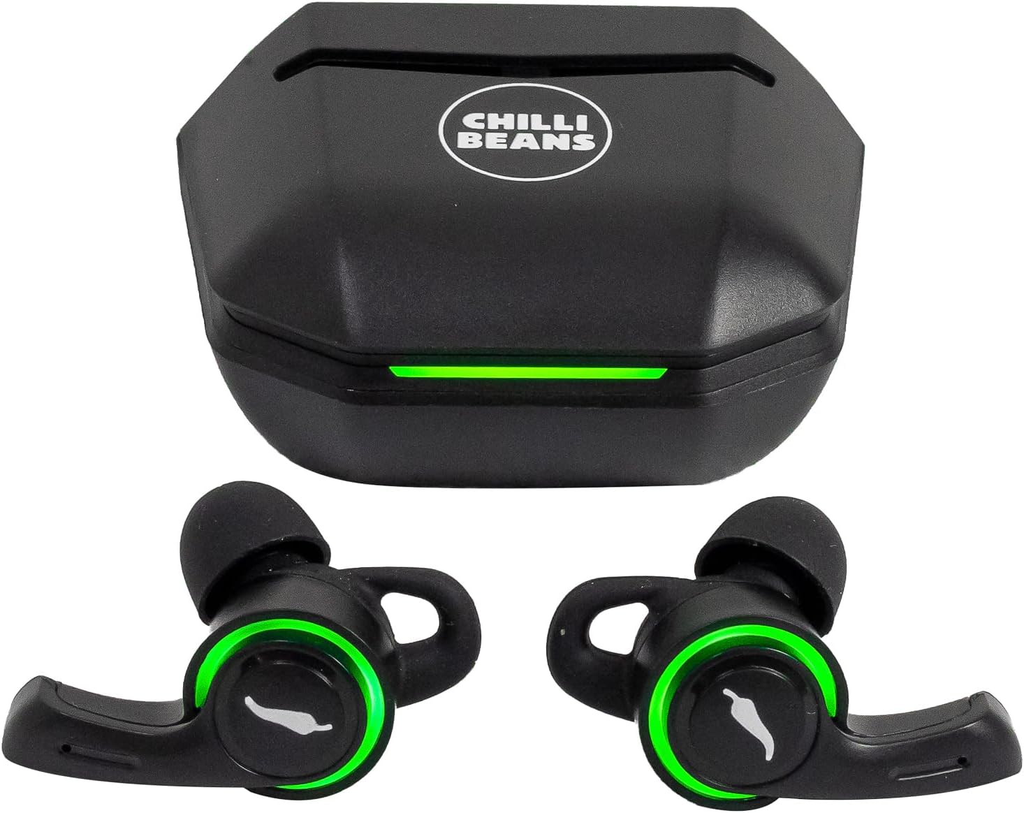 Fones Bluetooth TWS esportivos pretos com detalhes verdes e caixa de carregamento preta Chillibeans.