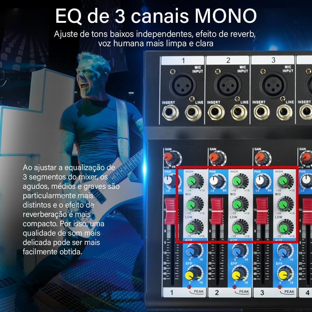 Equalizador mono de 3 canais para ajuste de áudio claro com reverb e voz humana melhorada