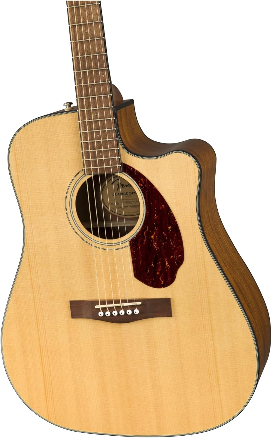 Detalhe do tampo e braço do violão Fender CD-140SCE em madeira clara