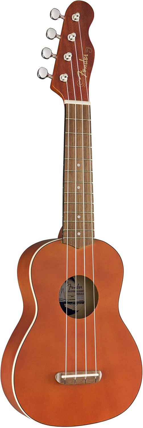 Ukulele soprano Venice marrom com quatro cordas e tarraxas cromadas, visão frontal.