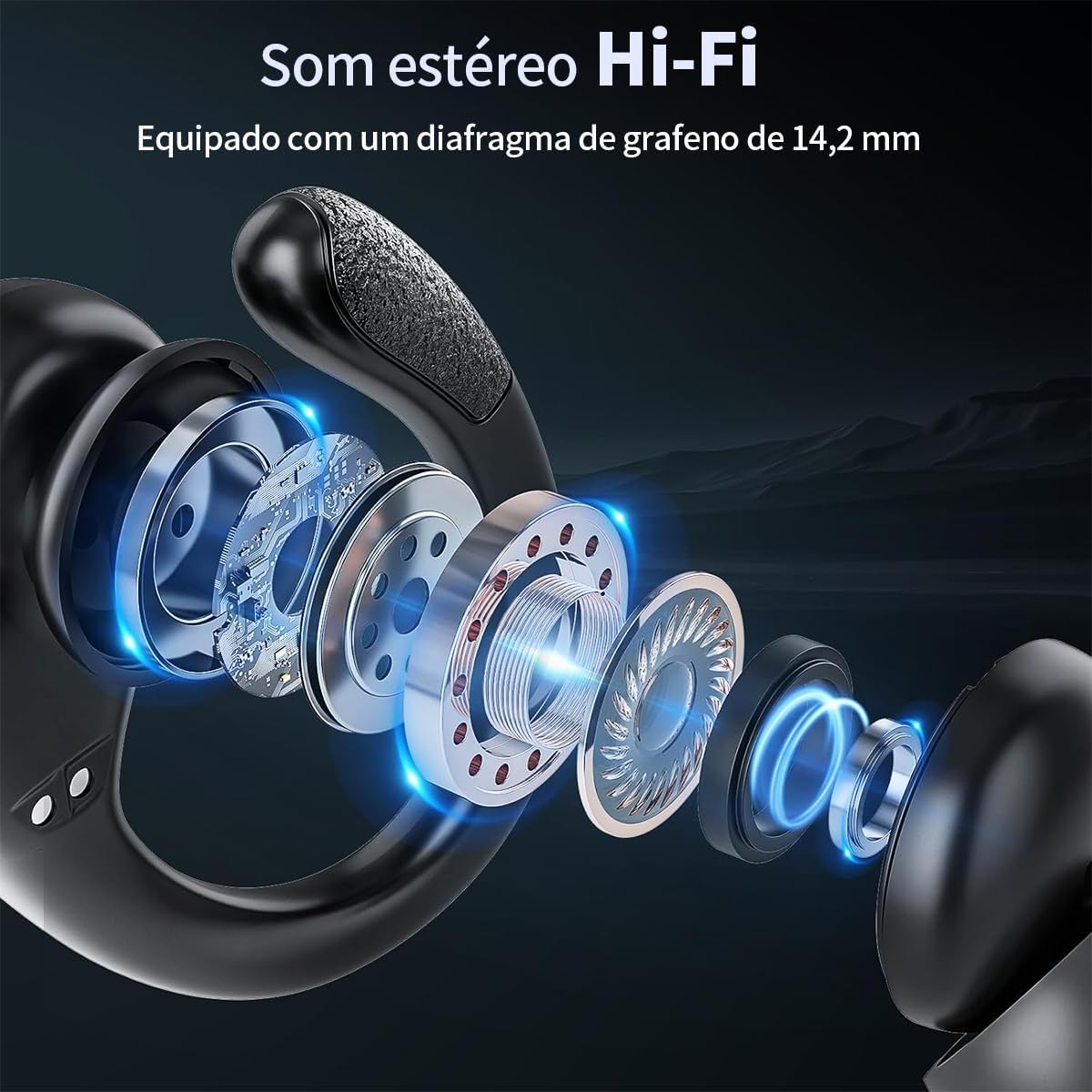 Fones de ouvido com som estéreo Hi-Fi e diafragma de grafeno de 14,2 mm.