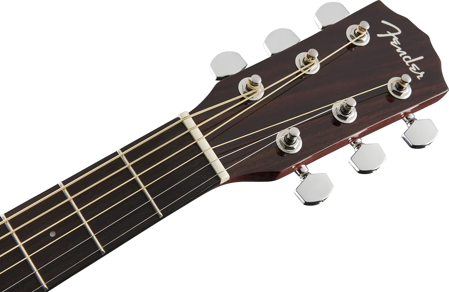 Cabeça da guitarra Fender CC-140SCE com logo branco e tarraxas cromadas.