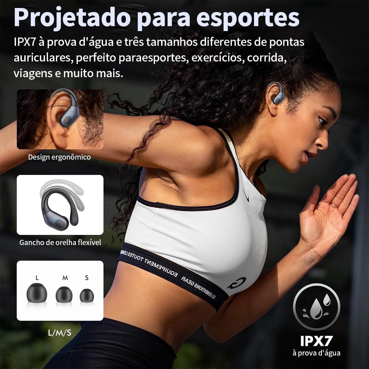 Fones de ouvido esportivos IPX7 à prova d'água com design ergonômico ajustável para esportes.