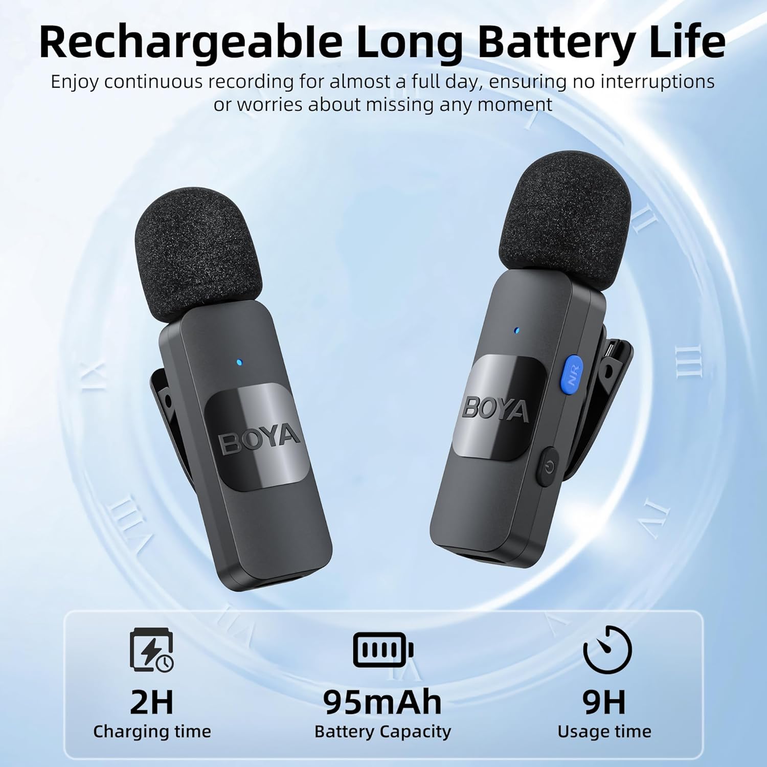 BOYA BY-V20 microphones showing 9-hour usage and 2-hour charging time.