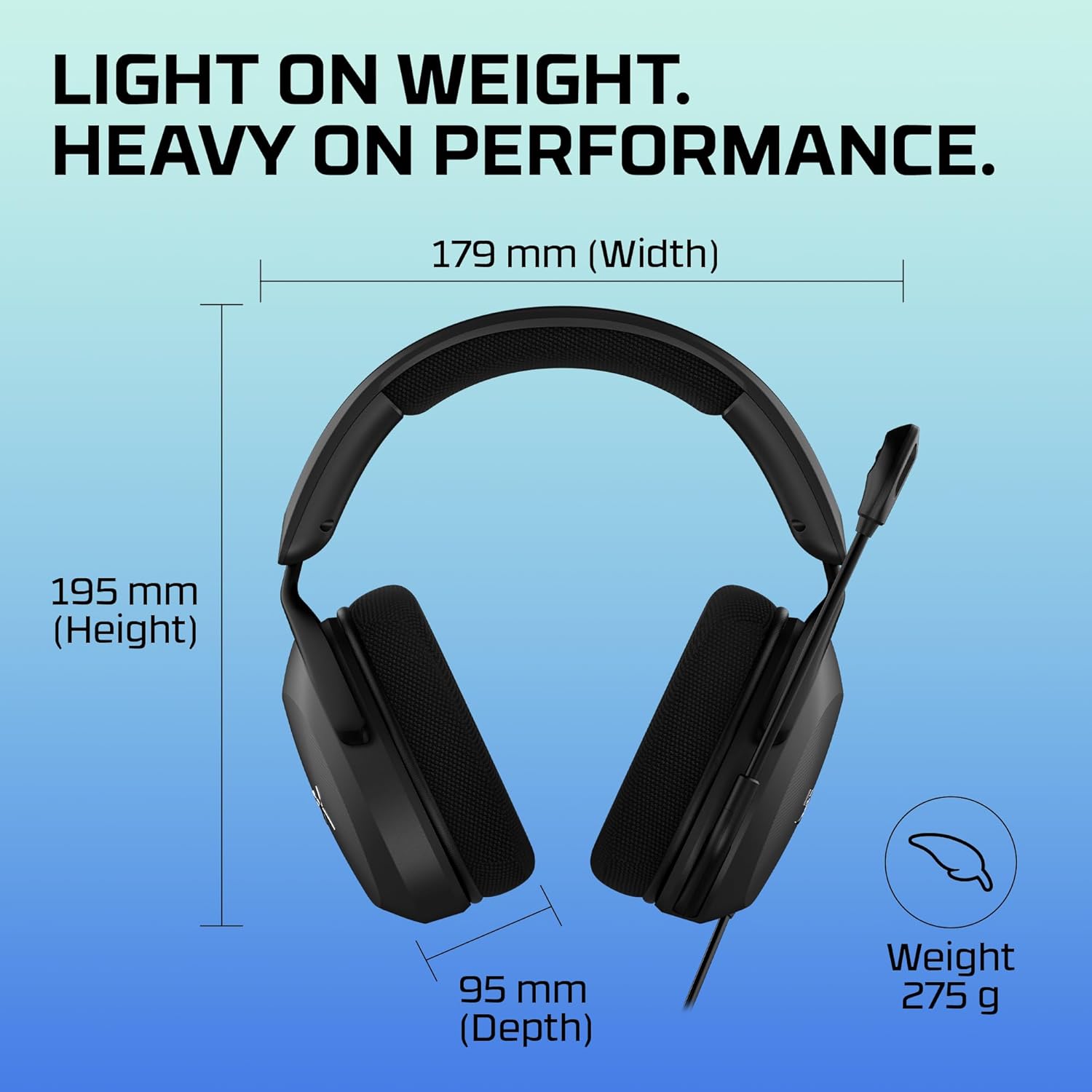 Black HyperX gaming headset with size dimensions and weight displayed on blue background.