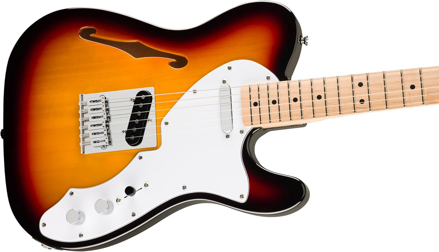 Corpo lateral da guitarra Fender Squier Affinity Telecaster Thinline sunburst com escudo branco e captadores