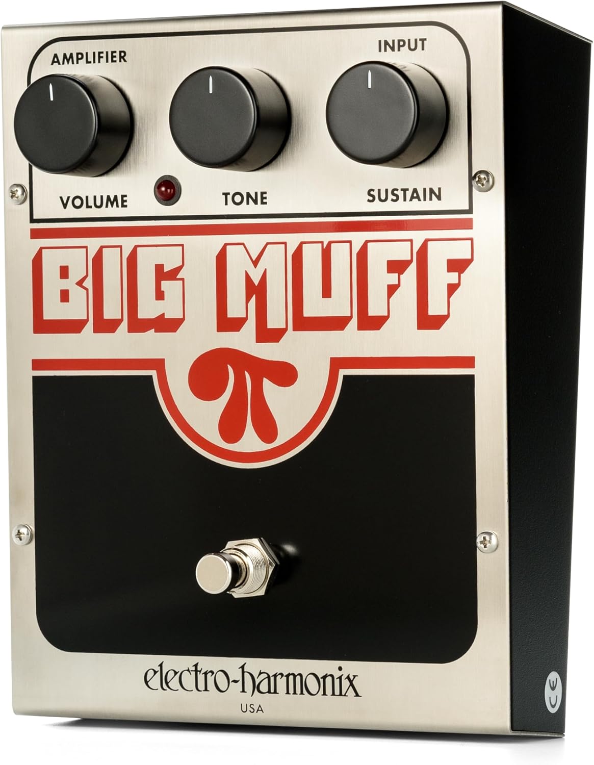 Pedal Electro-Harmonix Big Muff PI prata com controles de Volume, Tone e Sustain em ângulo lateral.