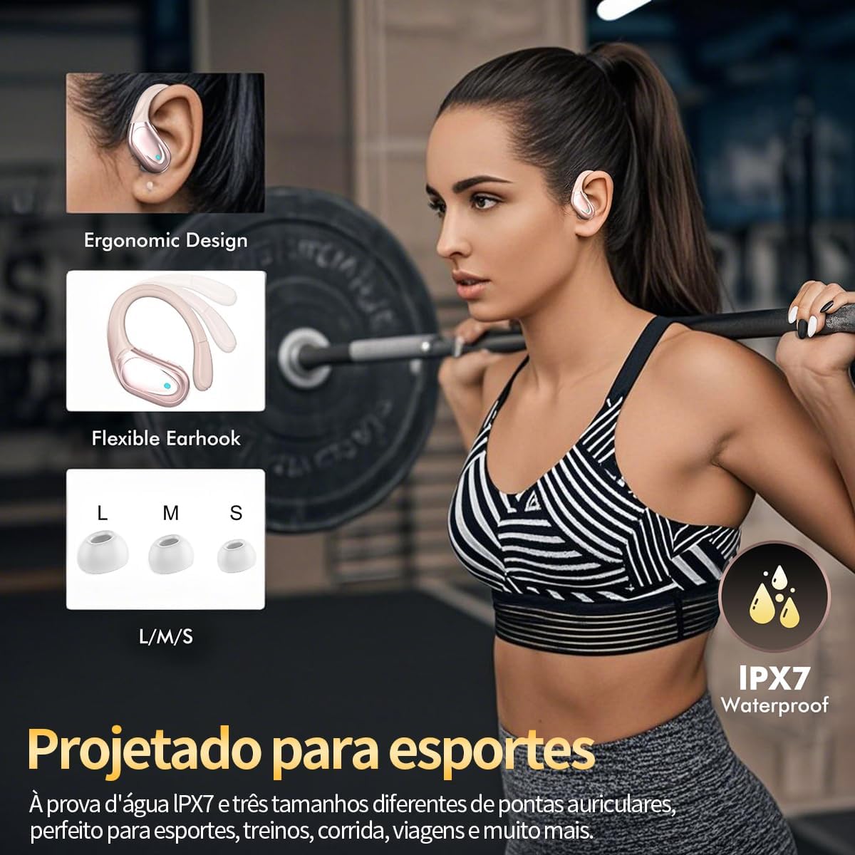 Mulher usando fones de ouvido Bluetooth esportivos com ganchos flexíveis e proteção IPX7.