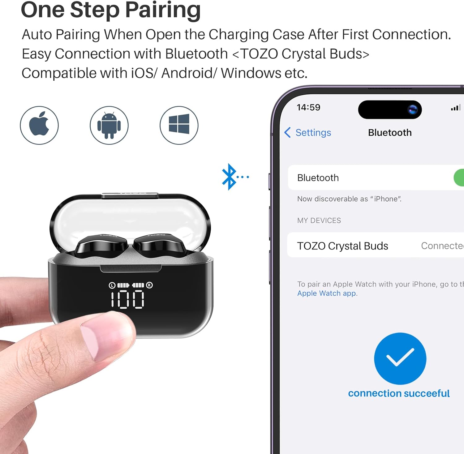 Pareamento fácil e automático dos fones TOZO T18 via Bluetooth com compatibilidade ampla