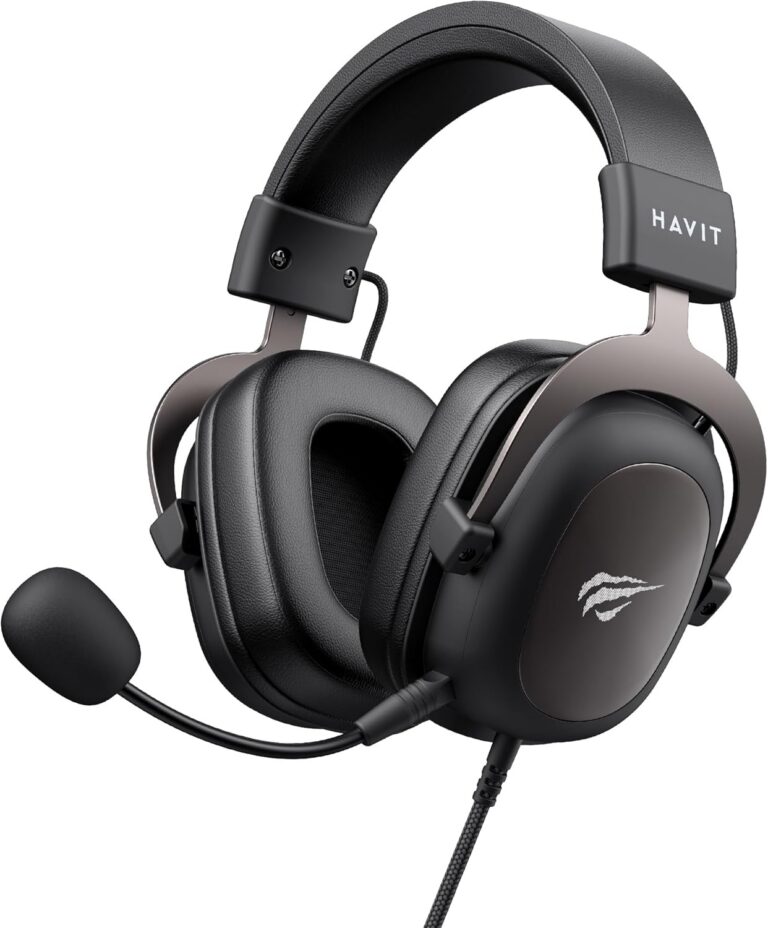 Headphone gamer Havit H2002d preto com microfone e falantes grandes, design confortável e resistente.