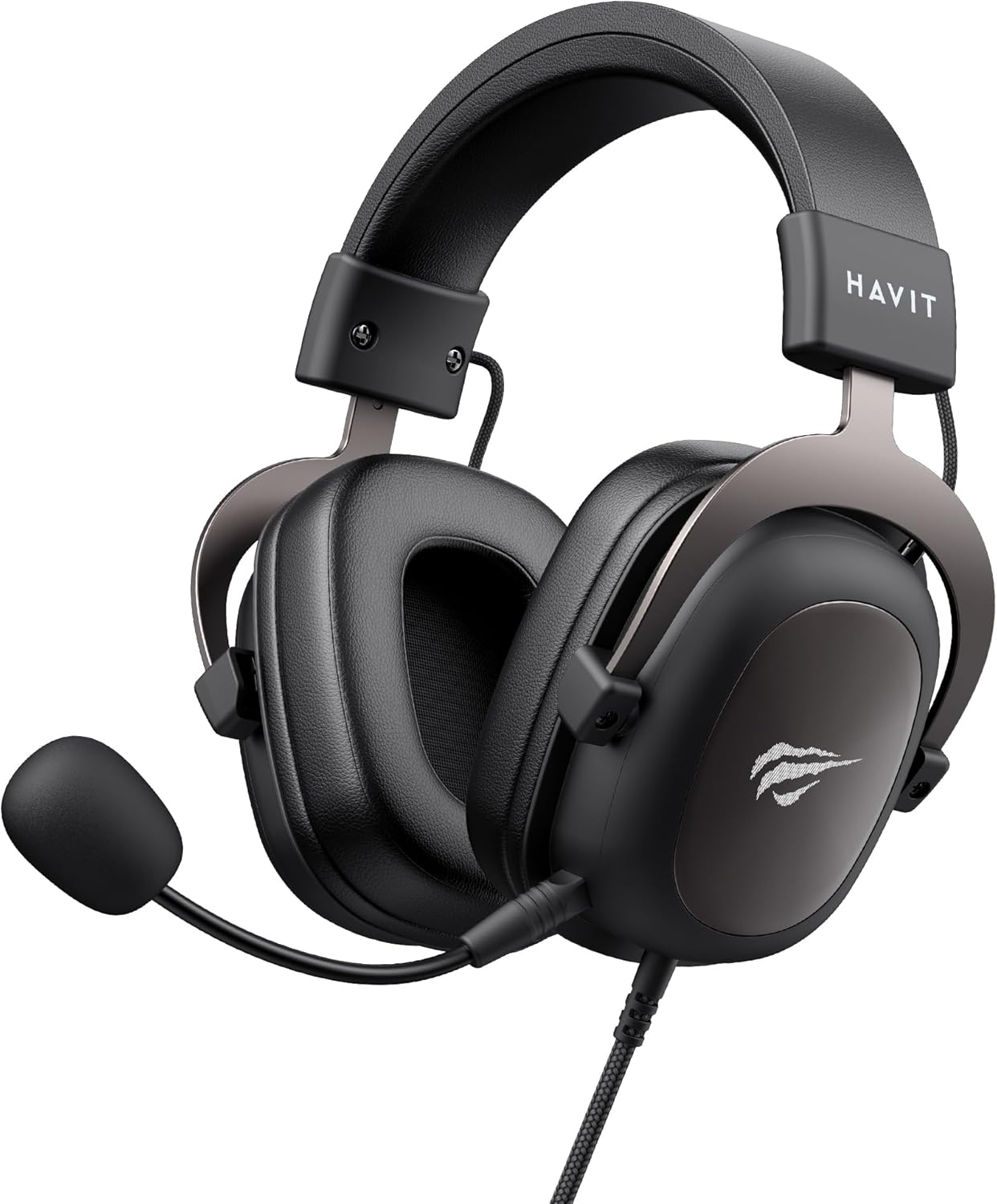 Headphone gamer Havit H2002d preto com microfone e falantes grandes, design confortável e resistente.