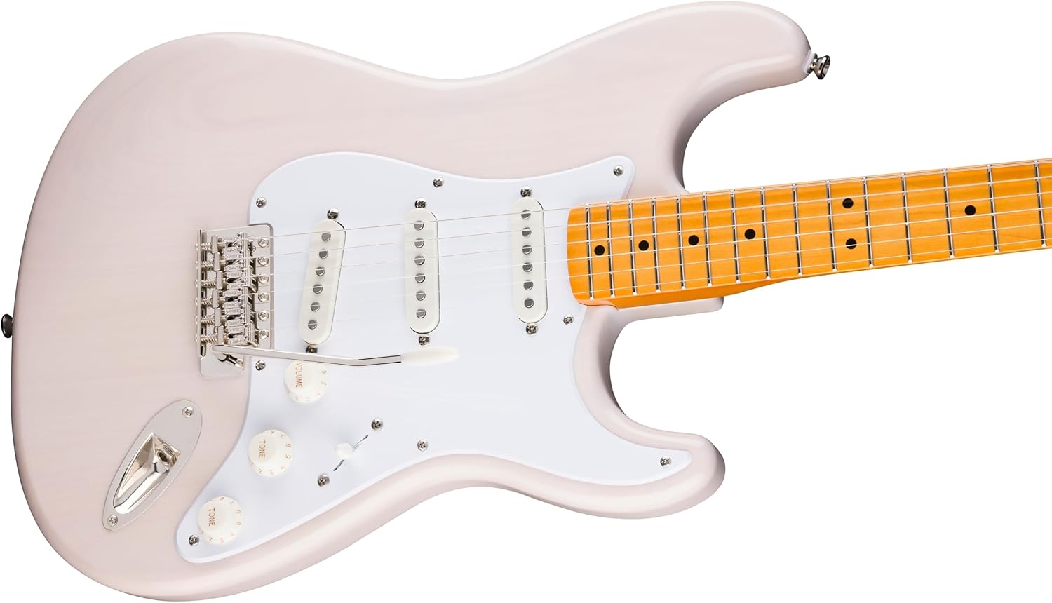 Close do corpo da guitarra Classic Vibe '50s Stratocaster com captadores brancos e controles