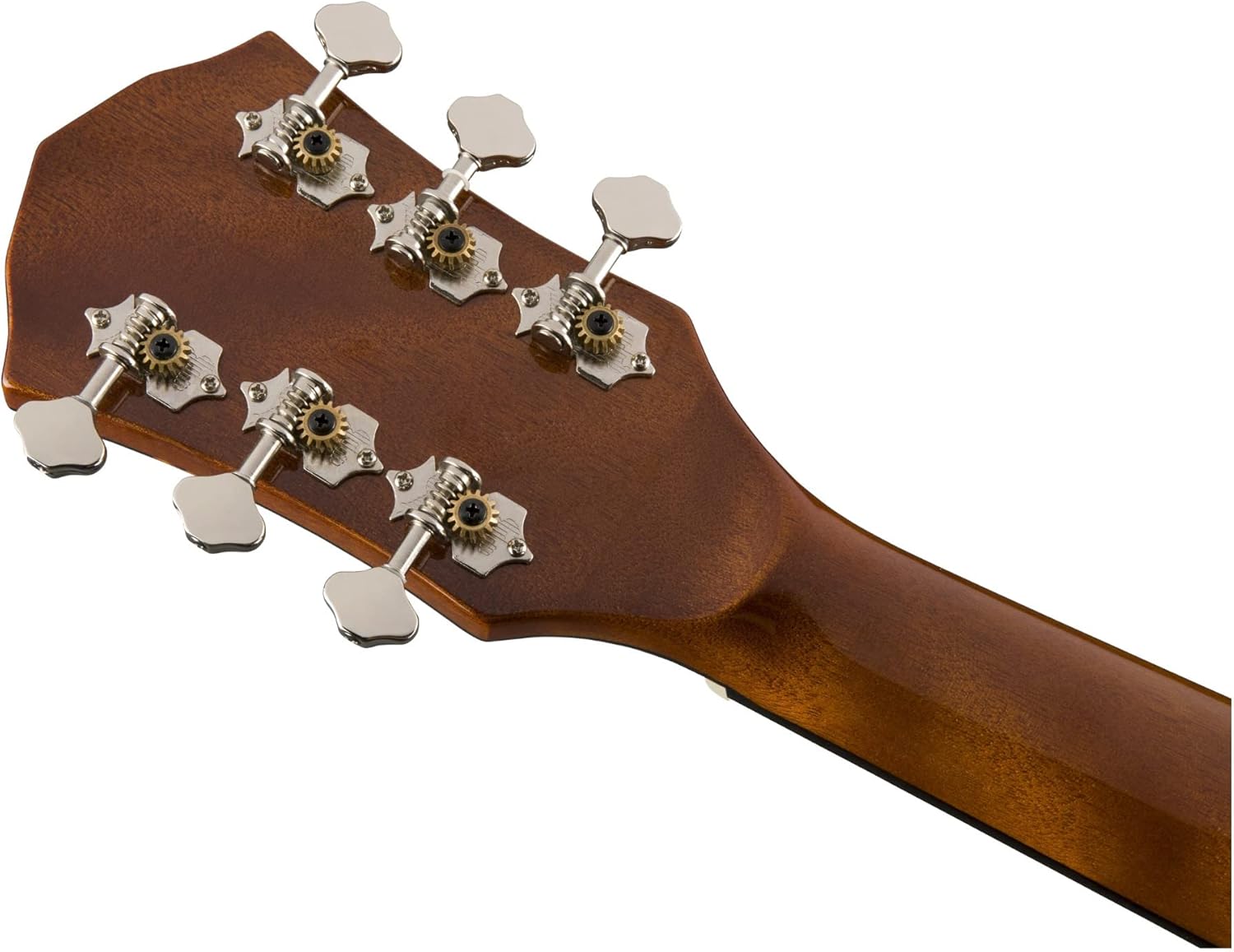 Parte traseira da cabeça da guitarra acústica Fender FA-345CE com tarraxas cromadas e braço em madeira escura