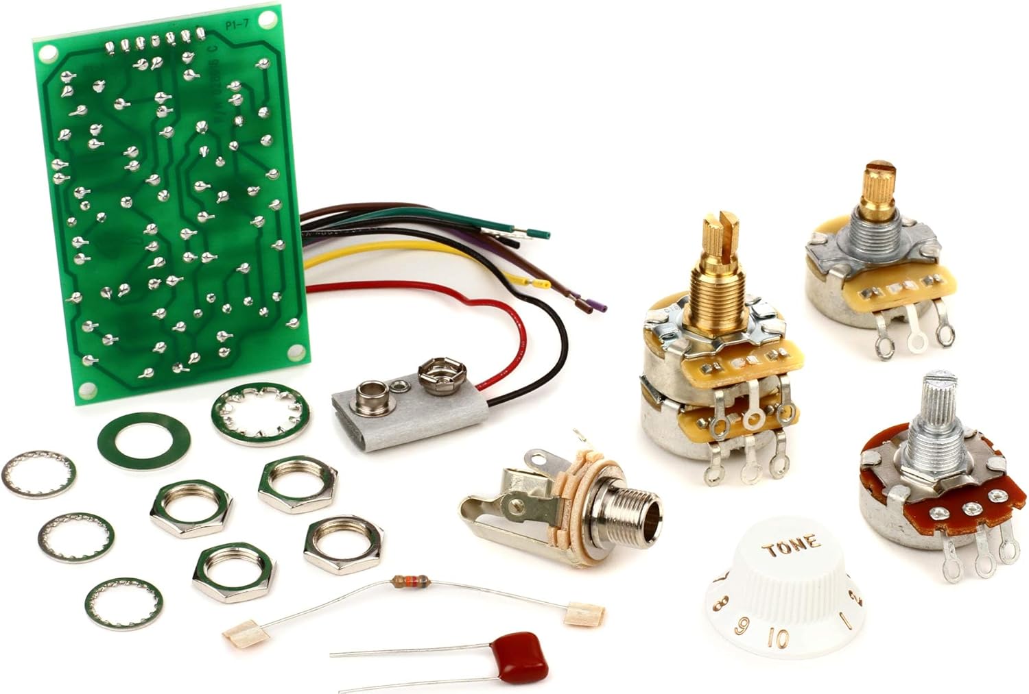 Kit Fender Stratocaster Mid Boost com placa de circuito, potenciômetros, botões de controle, jack e componentes eletrônicos em fundo branco.