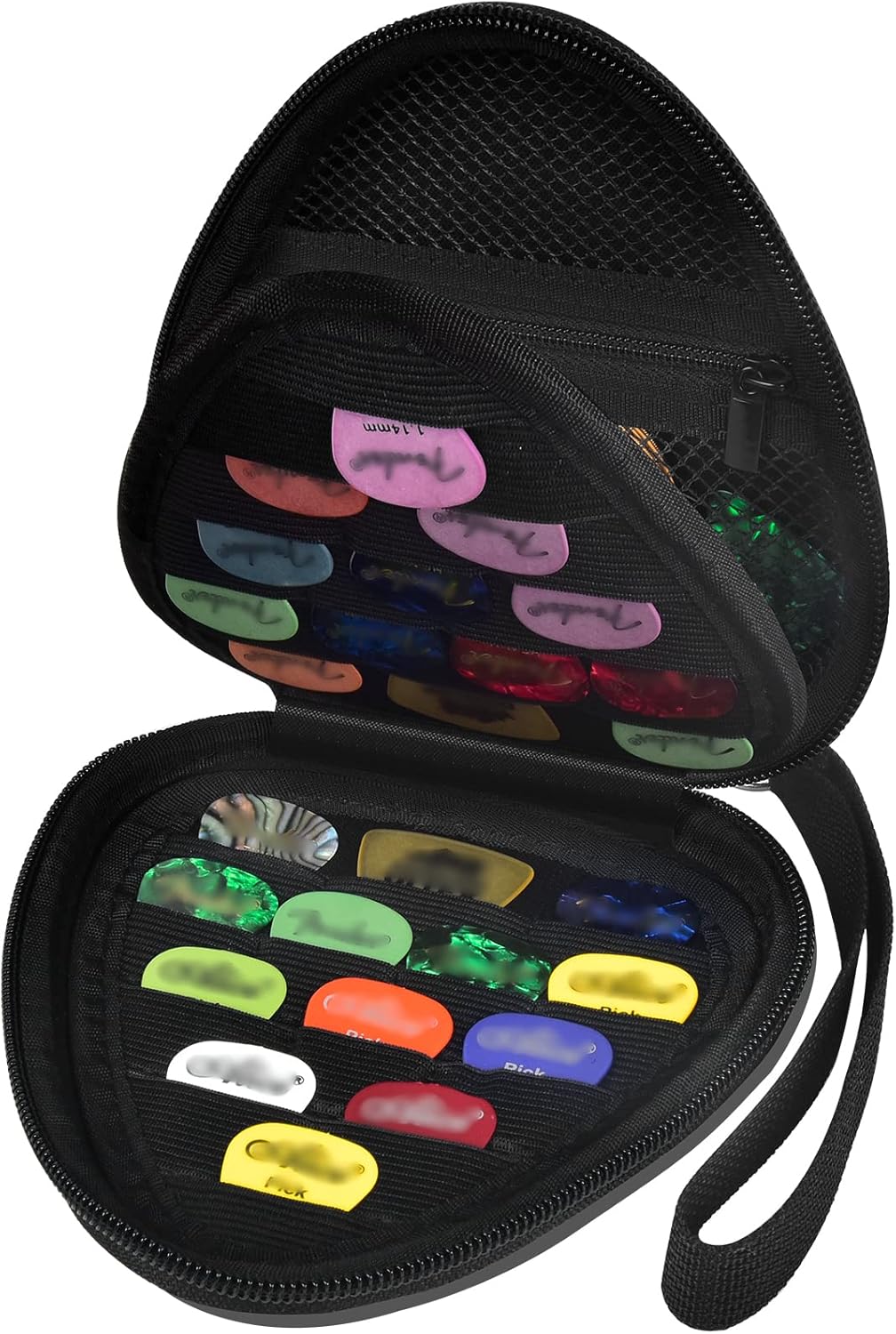Case preto triangular para palhetas de guitarra com zíper resistente e alça confortável, feito de material EVA rígido, resistente à água e quedas, com várias palhetas coloridas organizadas internamente.