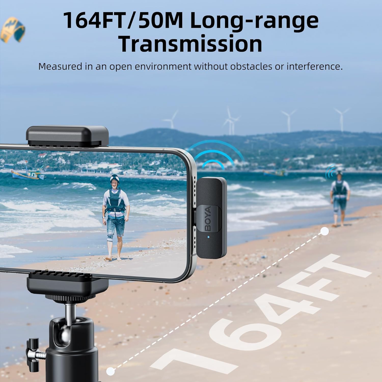 BOYA BY-V20 microphone wireless long-range transmission up to 164 feet at the beach.