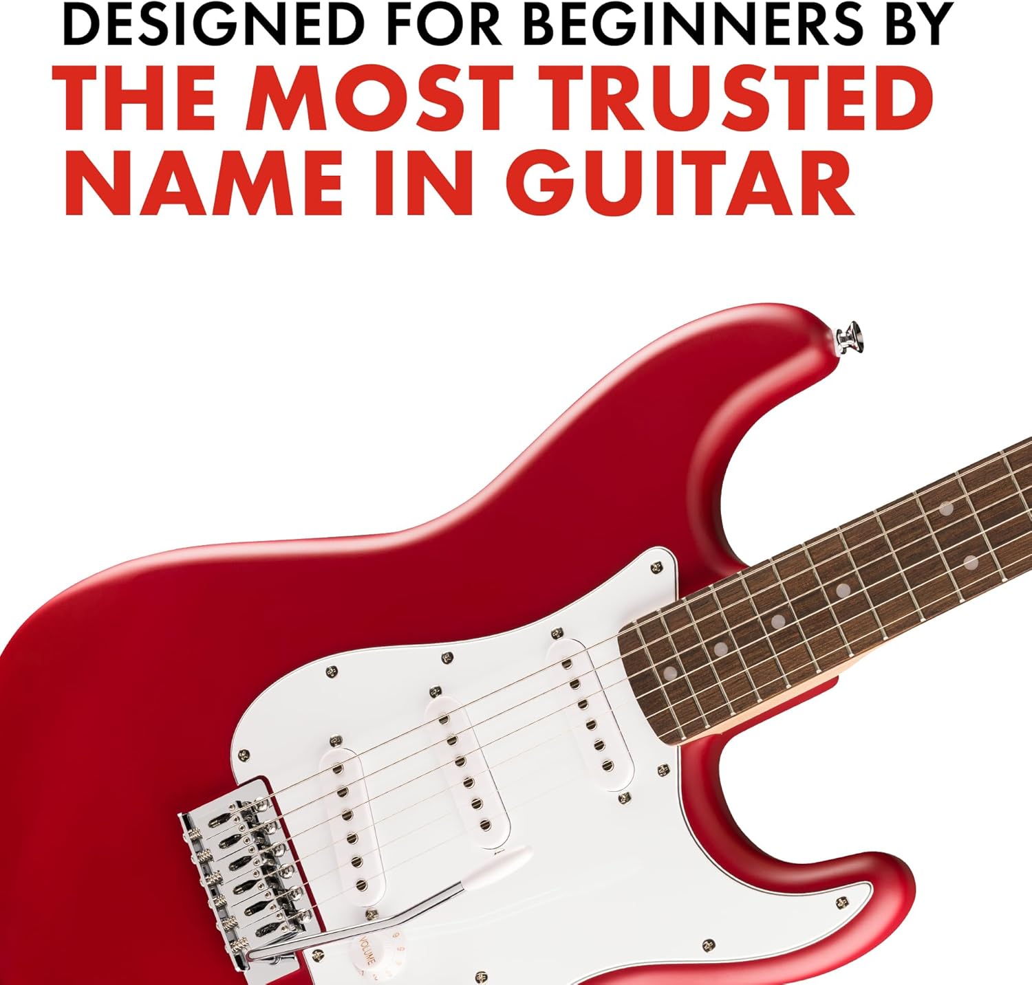 Detalhe da guitarra elétrica Fender Squier vermelha com mensagem para iniciantes