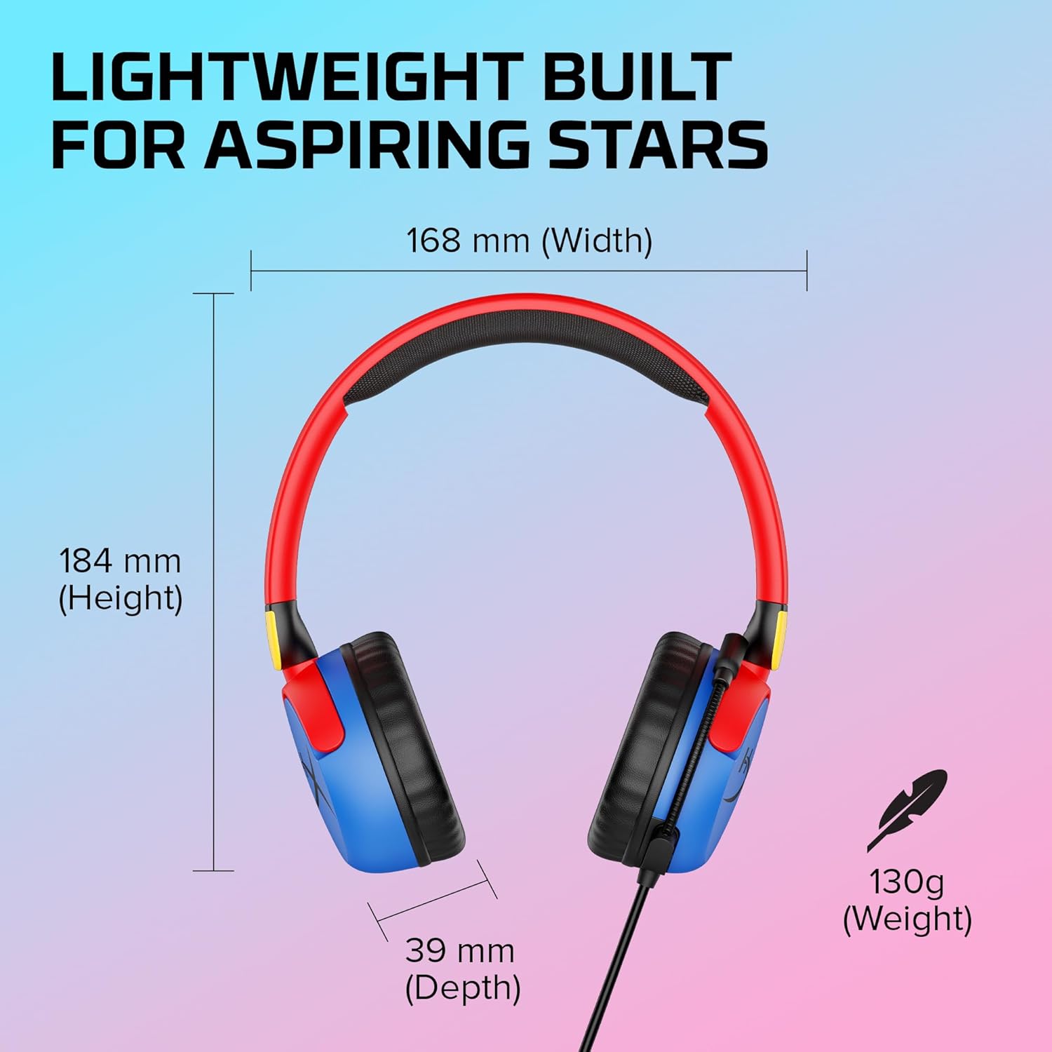 HyperX Cloud Mini wired headphones front view with dimensions and weight information