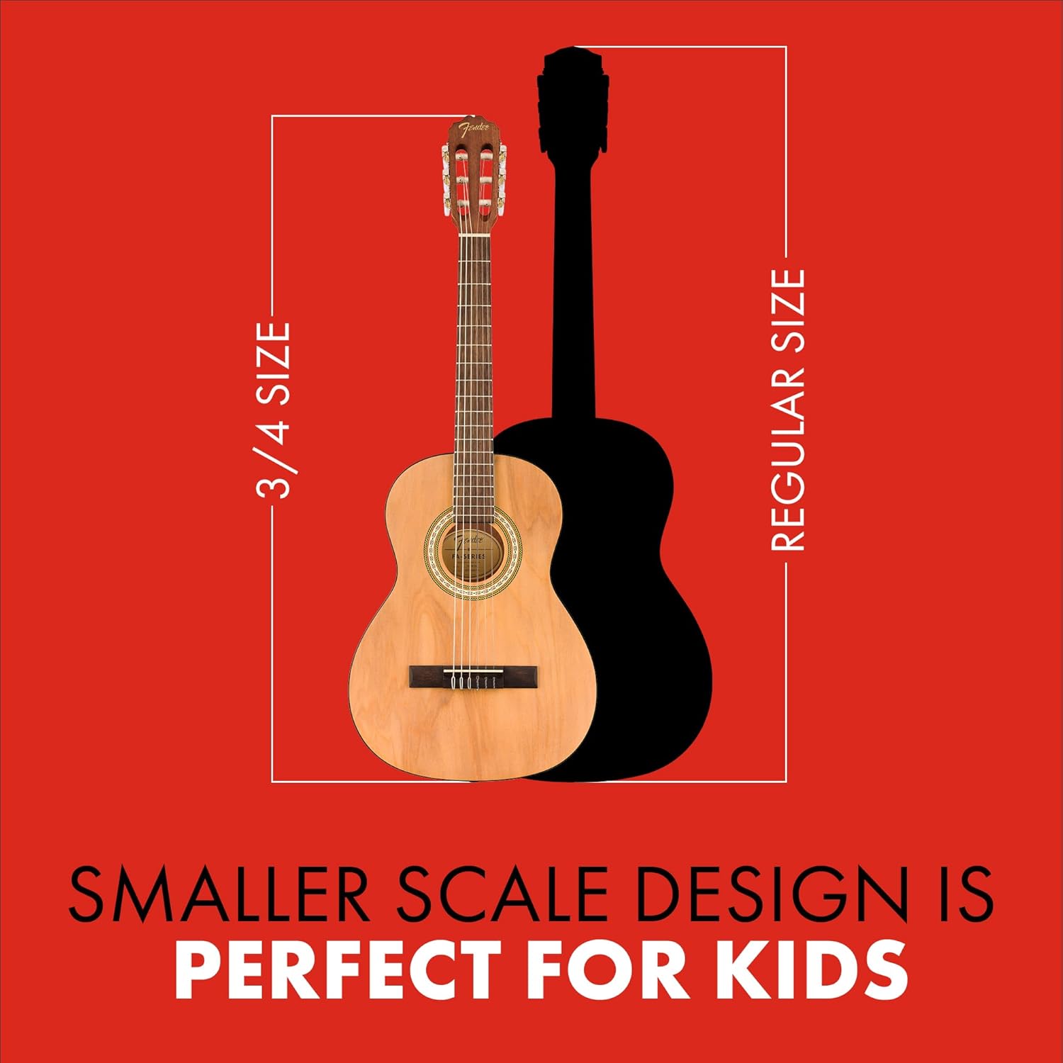 Comparação de tamanho entre guitarra acústica Fender FA-25N 3/4 e guitarra tamanho regular com fundo vermelho