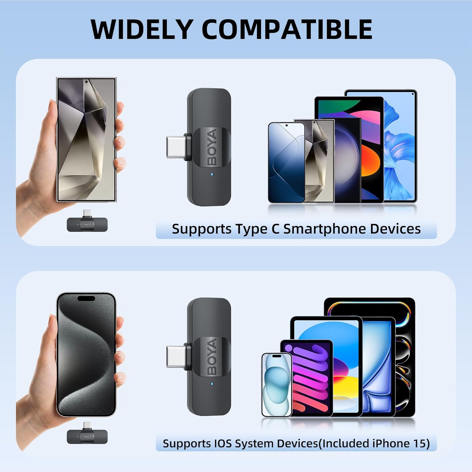 BOYA BY-V20 microphone compatible with Type C Android devices and iPhone 15 iOS devices.