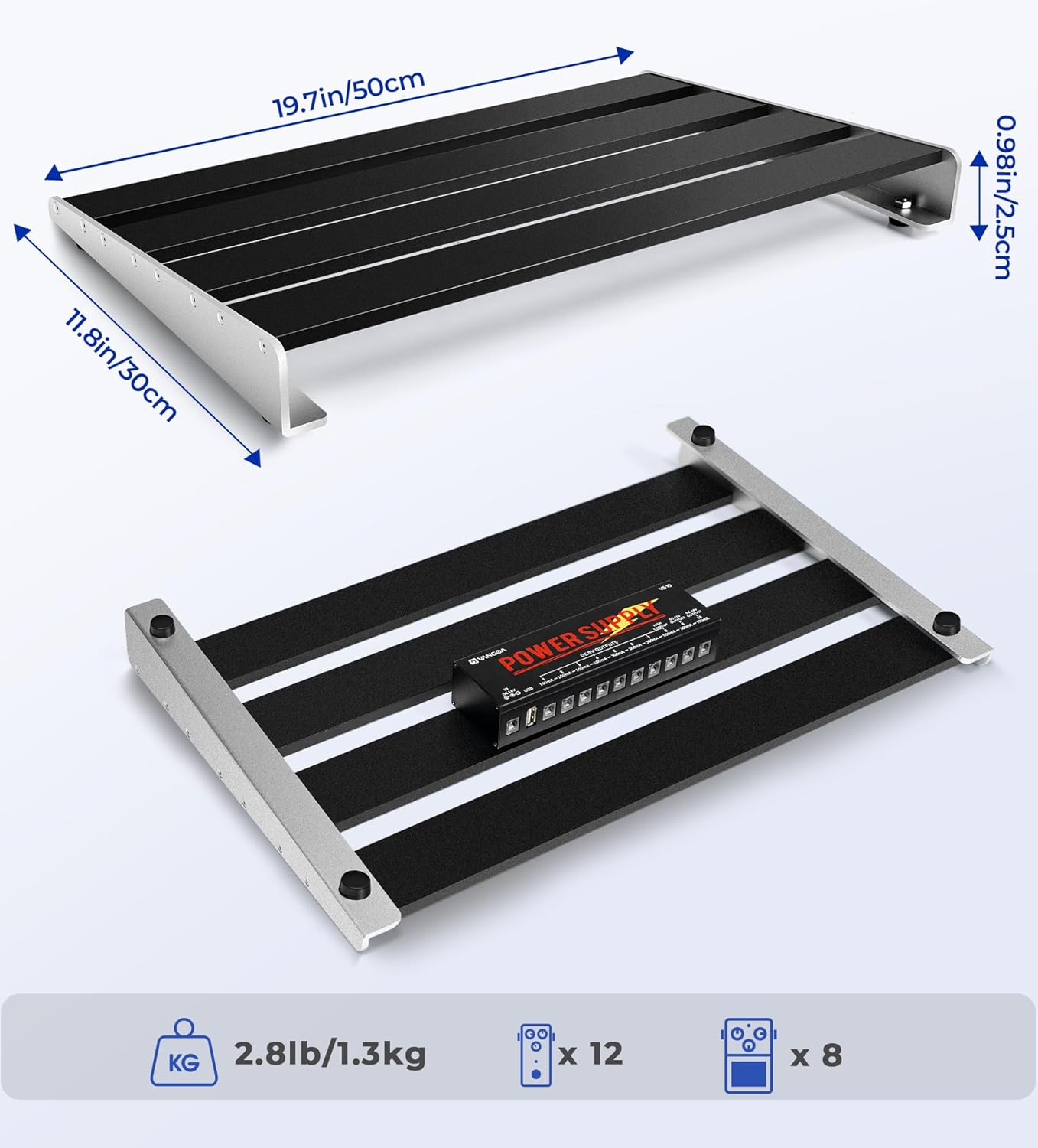 Pedaleira Vangoa com dimensões 50x30x2,5 cm e capacidade para 12 pedais pequenos ou 8 grandes