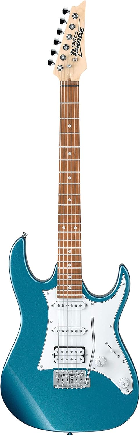 Guitarra elétrica Ibanez Gio GRX40 azul metálico clara com braço em madeira clara e captadores duplos e simples.