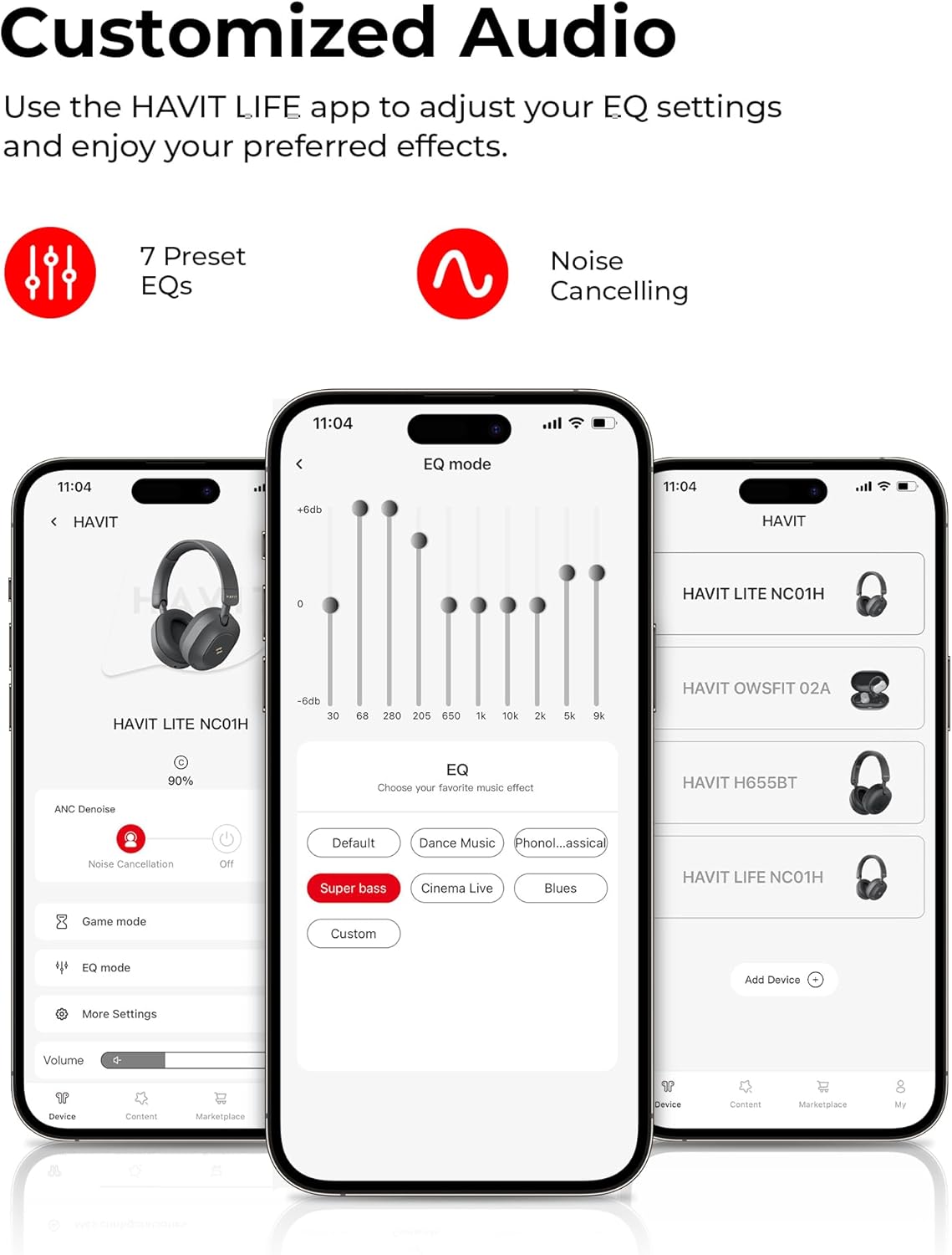 HAVIT LIFE app user interface for adjusting EQ settings and noise cancellation on HAVIT headphones