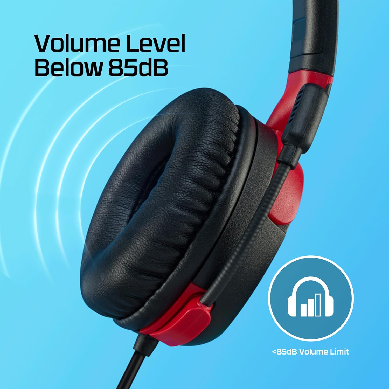 HyperX Cloud Mini headphones close-up showing black cushioned ear cup with volume level below 85dB indication