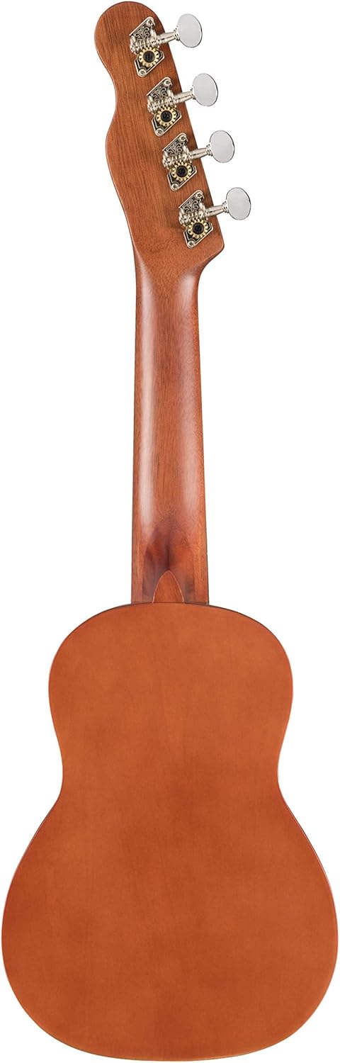 Ukulele soprano Venice vista traseira, madeira marrom, braço e tarraxas cromadas.