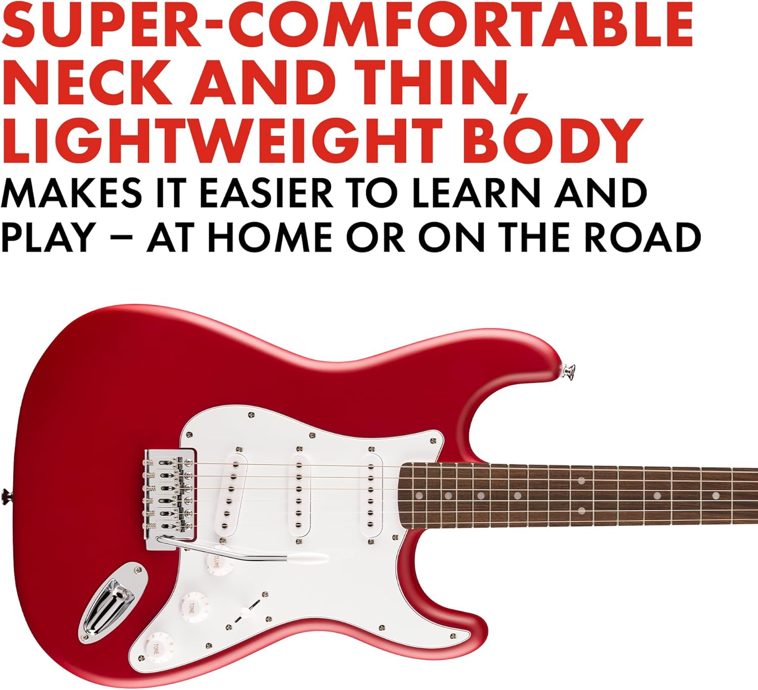 Corpo vermelho da guitarra Fender Squier destacando conforto do braço e leveza do corpo