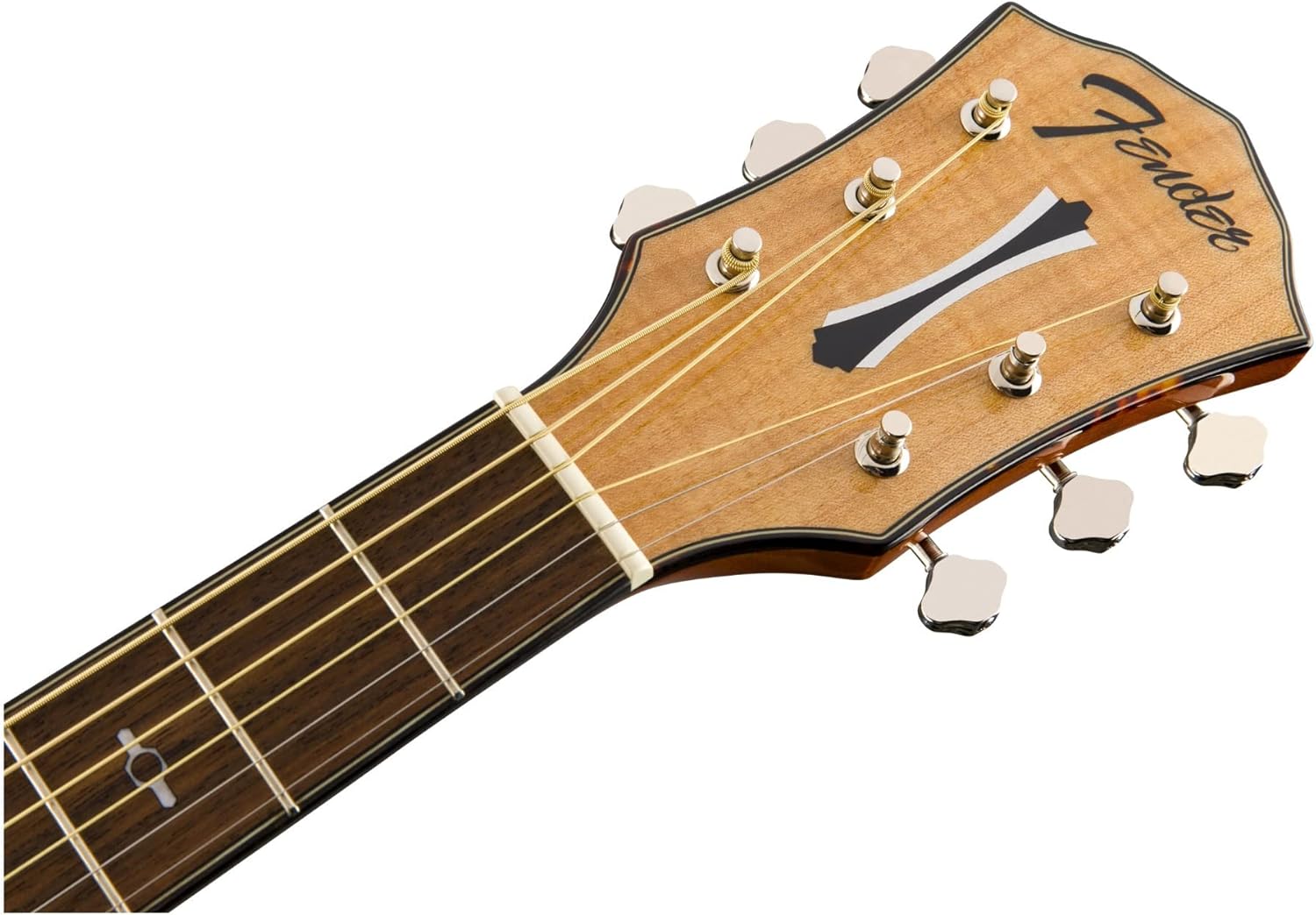 Cabeça da guitarra acústica Fender FA-345CE com logo Fender e tarraxas cromadas