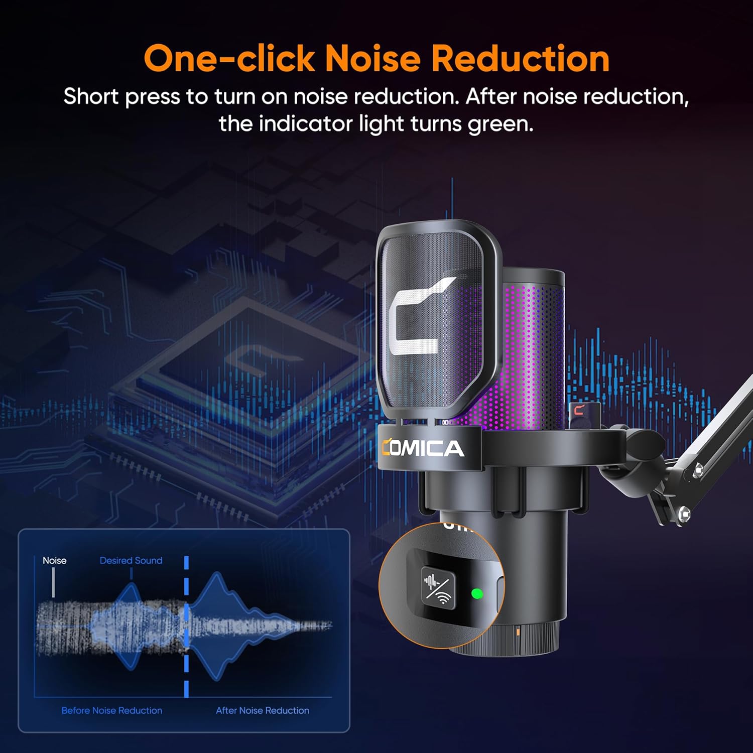 Comica EJoy Uni Pro microphone one-click noise reduction feature with indicator light and wave diagram