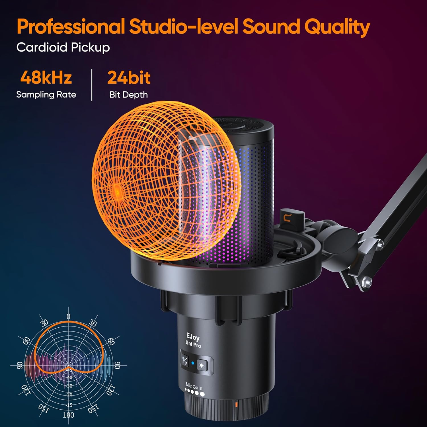 Comica EJoy Uni Pro microphone professional studio sound quality with 48kHz sampling and 24bit depth