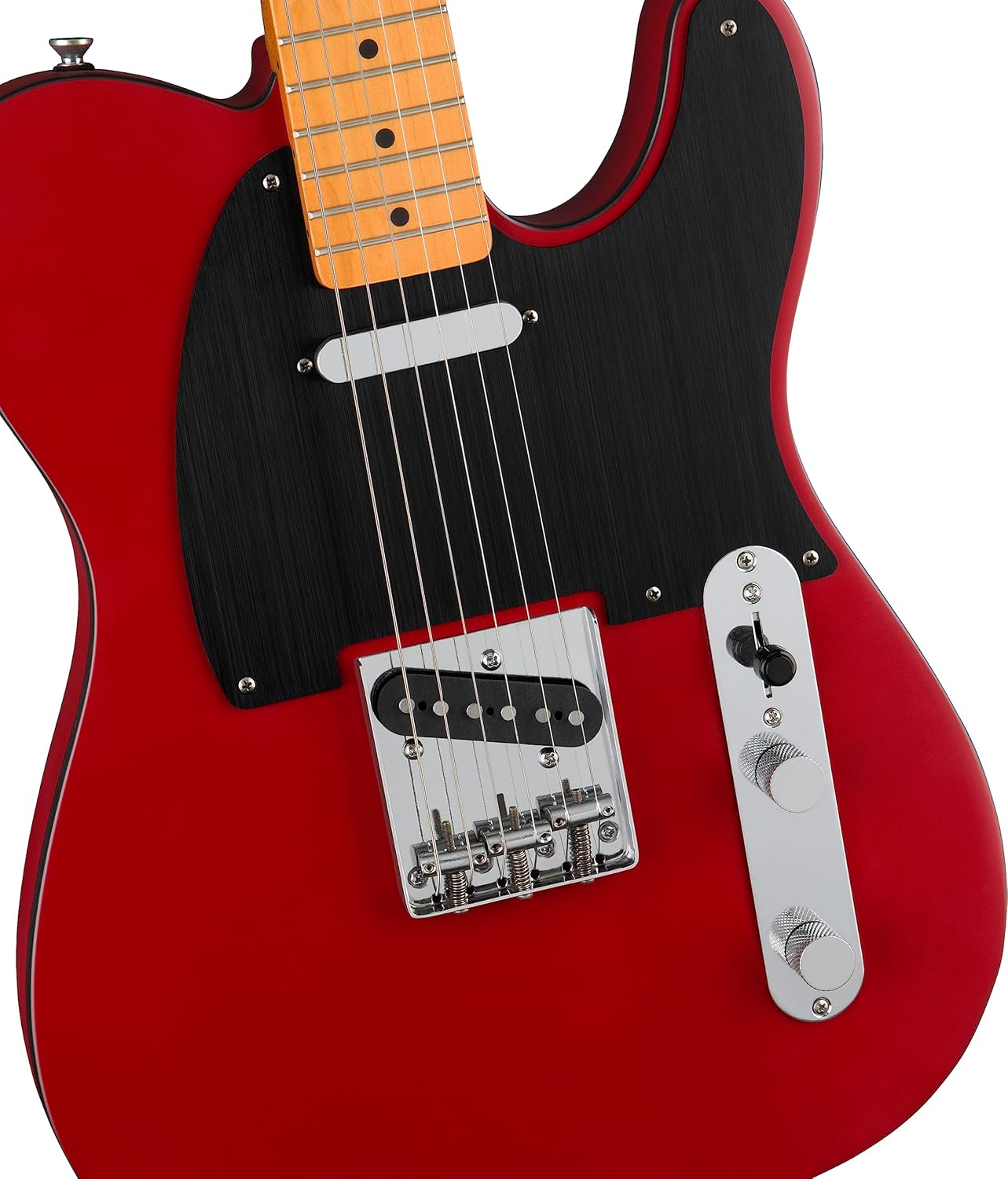 Detalhe corpo guitarra elétrica Fender Squier Telecaster vintage 40º aniversário Dakota Red maple fingerboard