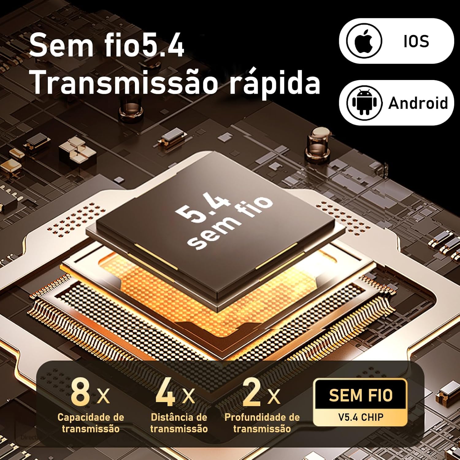 Ilustração de chip com tecnologia Bluetooth 5.4 para transmissão rápida compatível com IOS e Android