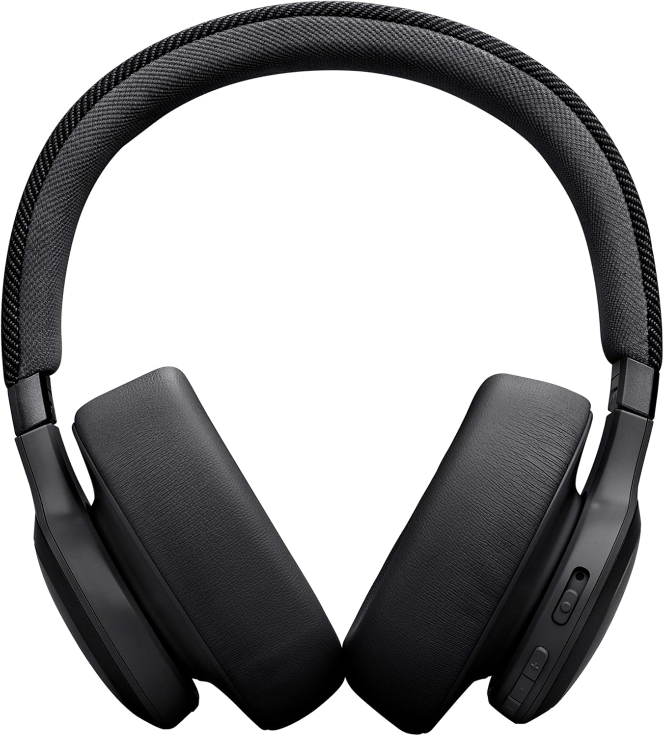 Fone de ouvido JBL Live 770NC preto frontal mostrando botões de controle e almofadas acolchoadas.