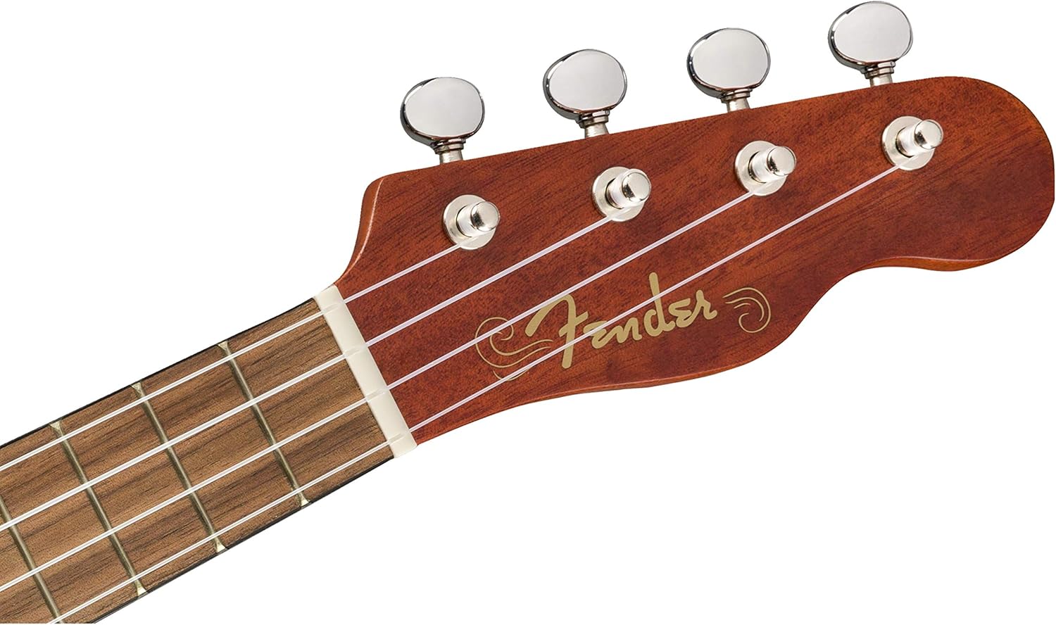 Cabeçote do ukulele Venice soprano com logo Fender dourado e quatro tarraxas prateadas.