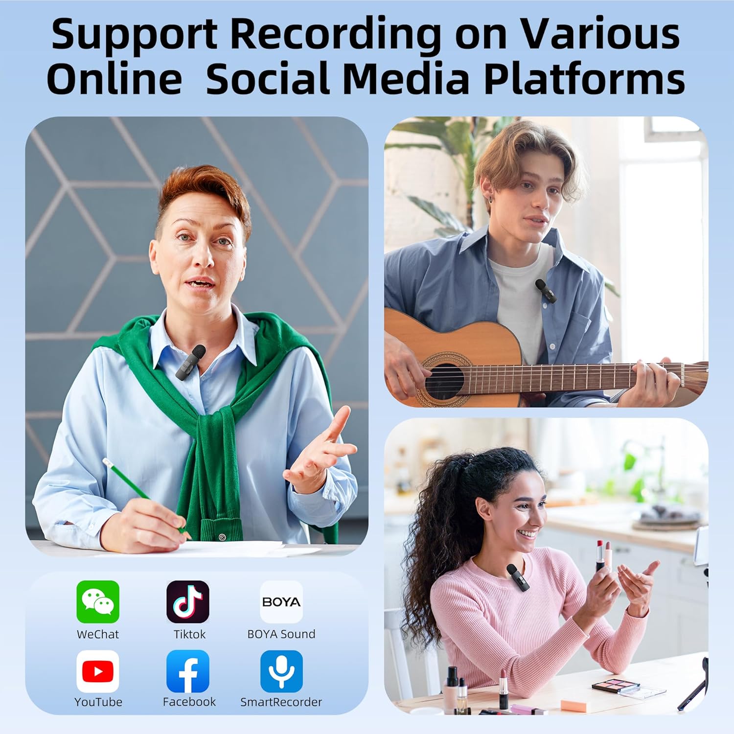 BOYA BY-V20 supports recording on multiple social media platforms like TikTok and YouTube.