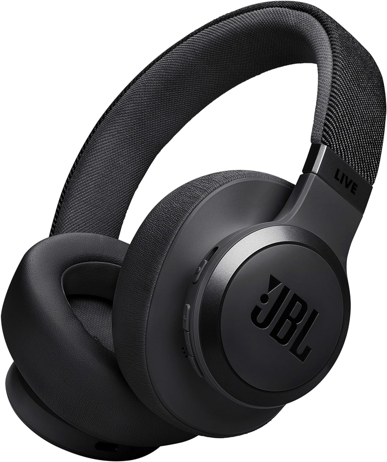 Fone de ouvido Bluetooth JBL Live 770NC preto digital na posição de ângulo lateral, mostrando detalhes do design acolchoado.