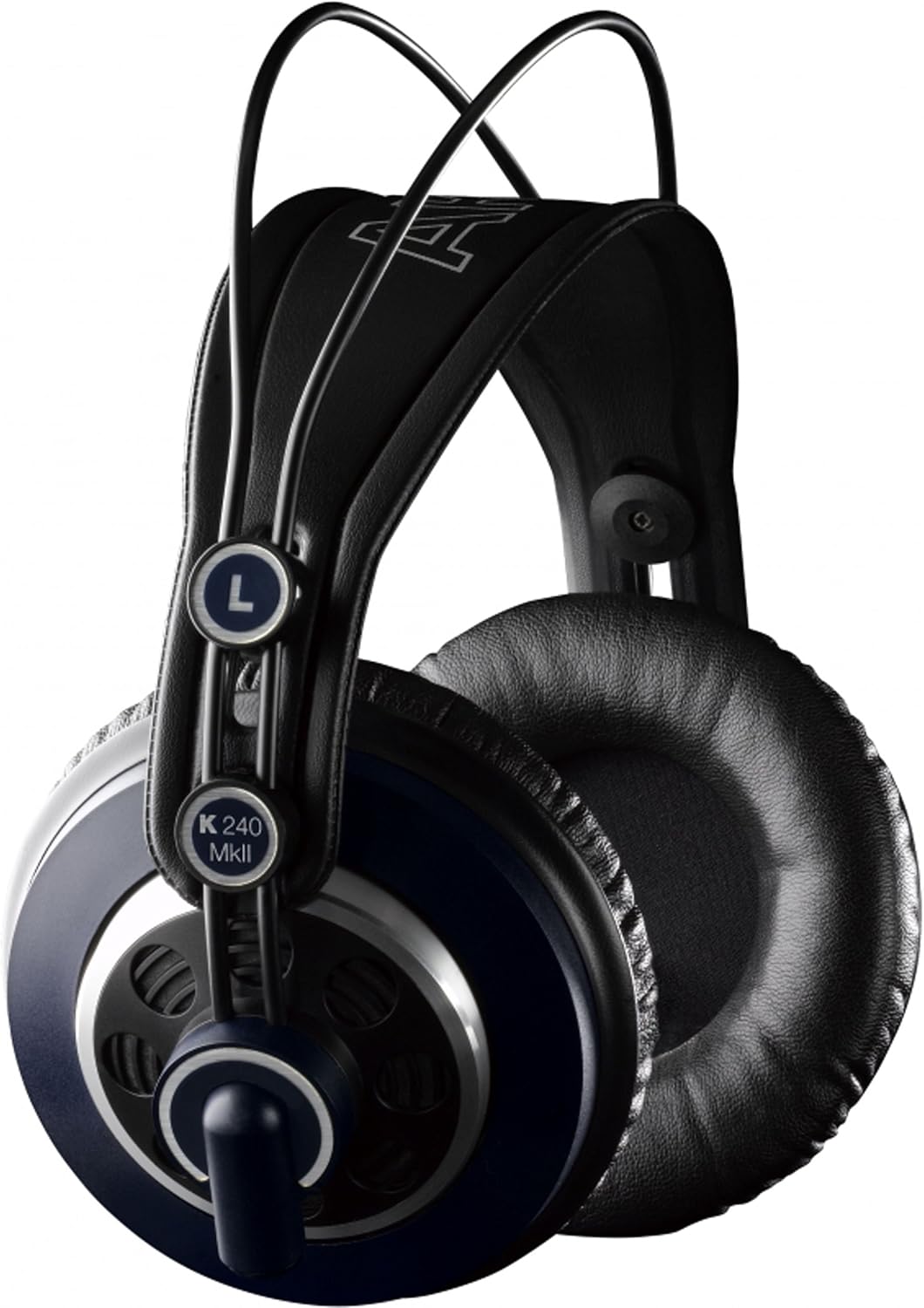 Fone de ouvido profissional AKG K240 com almofadas pretas e estrutura azul e preta.