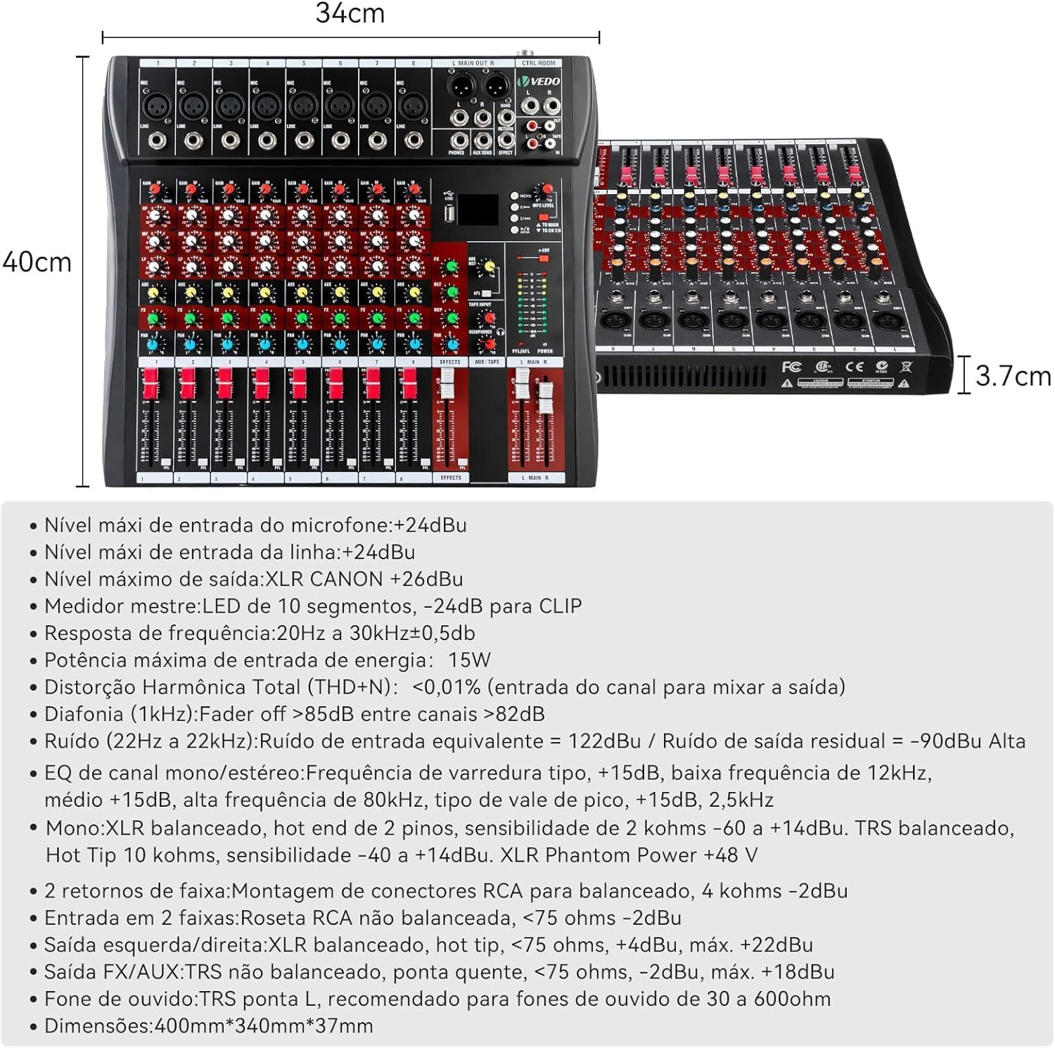 Mesa de som VDA208L com medidas e especificações técnicas visíveis na imagem, fundo branco.